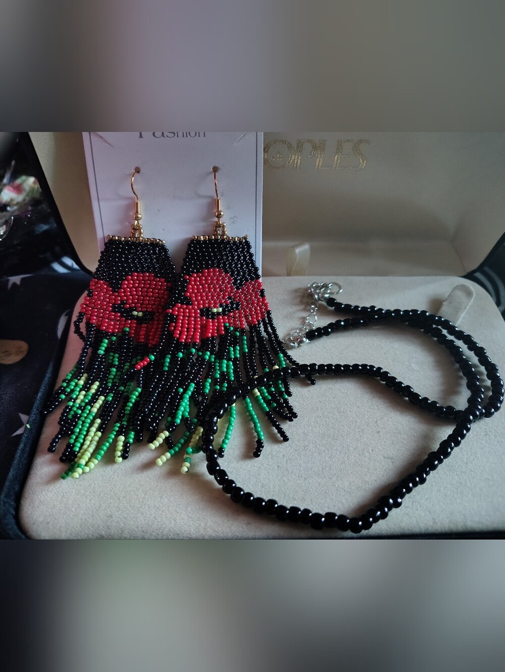 Handmade Seed Bead Red Poppy Floral Fringe Earrings & Necklace Jewelry Set